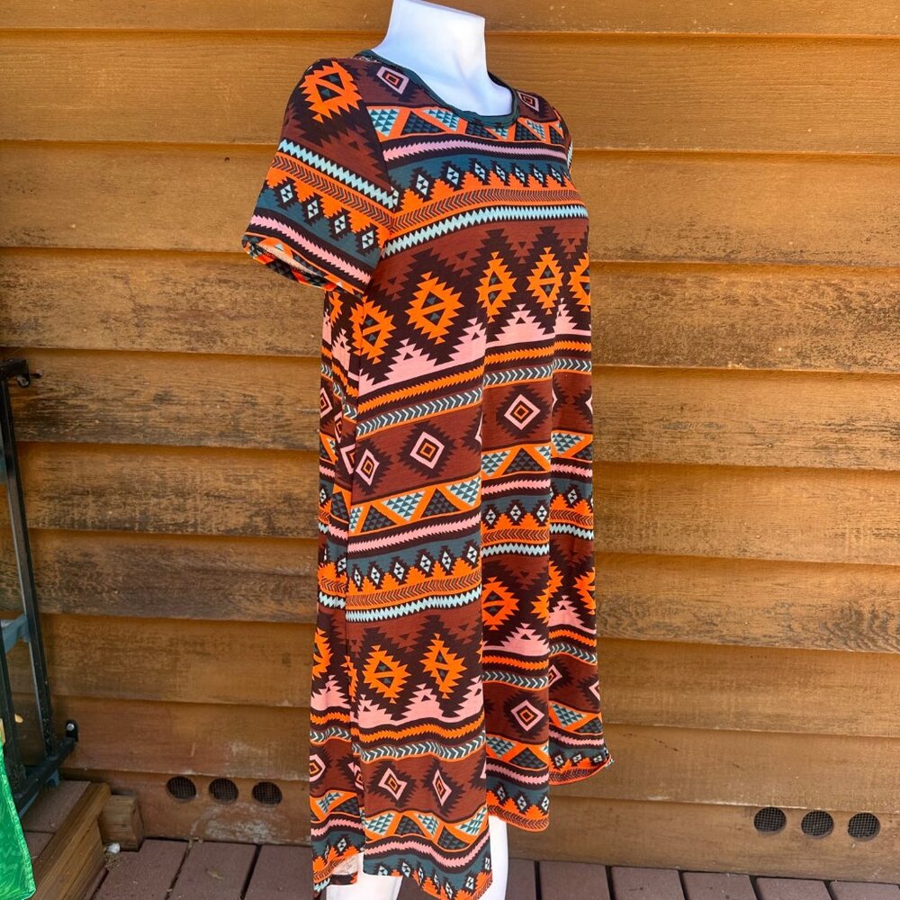 Lularoe Aztec Tribal Print Midi Dress Short Sleeve Made With Stretch Fabric Mult - Picture 7 of 9